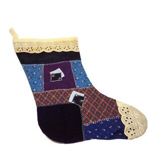 Handmade Patchwork Stocking  Blue Doily Eyelet Lace Farmhouse 14"